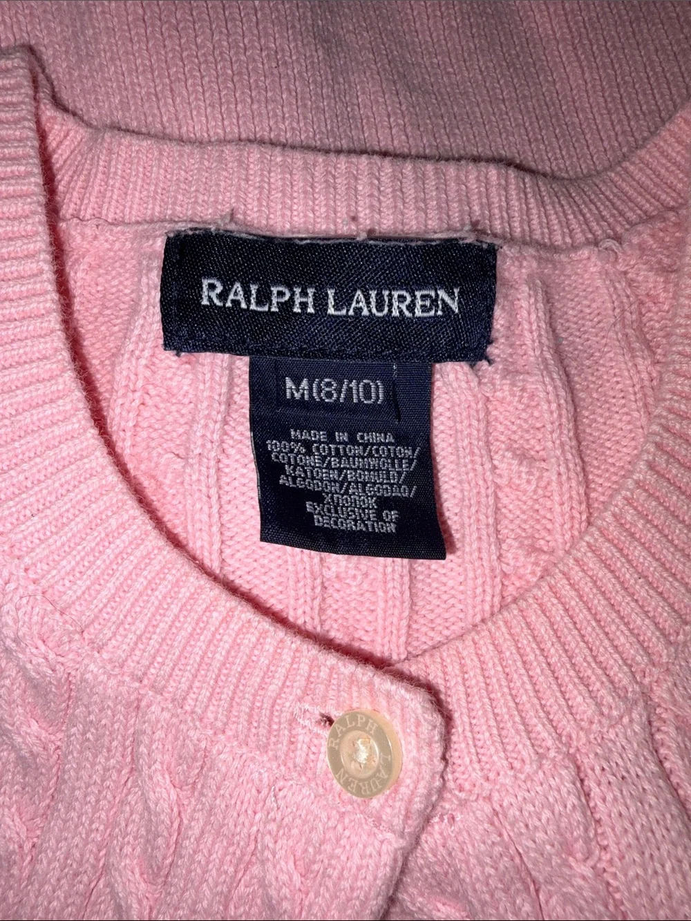 Ralph Lauren Mini-Cable Knit Cardigan with Green Pony Logo M Pink EUC